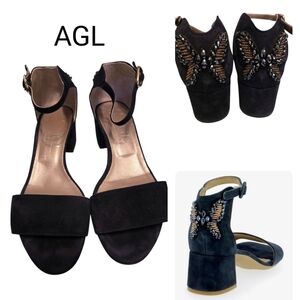 AGL Made In Italy Dark Blue Block Heel Ankle Strap Shoes Size 38 Eur /8 Us